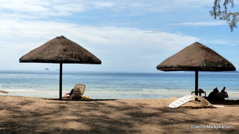 Some of the many sitting areas lining the beach at Berjaya Tioman