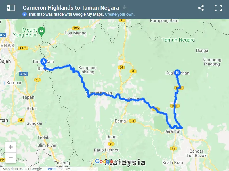 Cameron Highlands to Taman Negara map