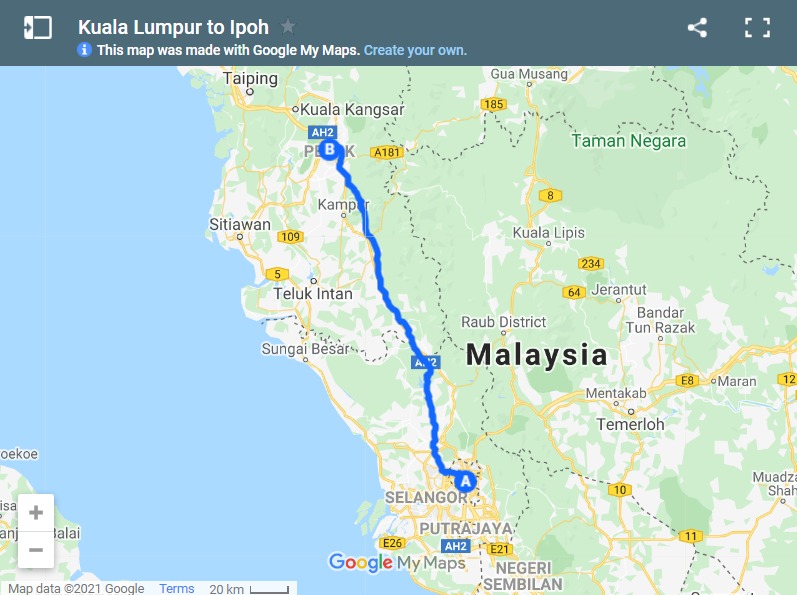 Kuala Lumpur to Ipoh map