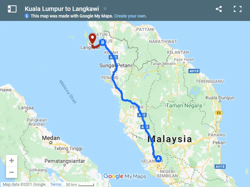 Kuala Lumpur to Langkawi map