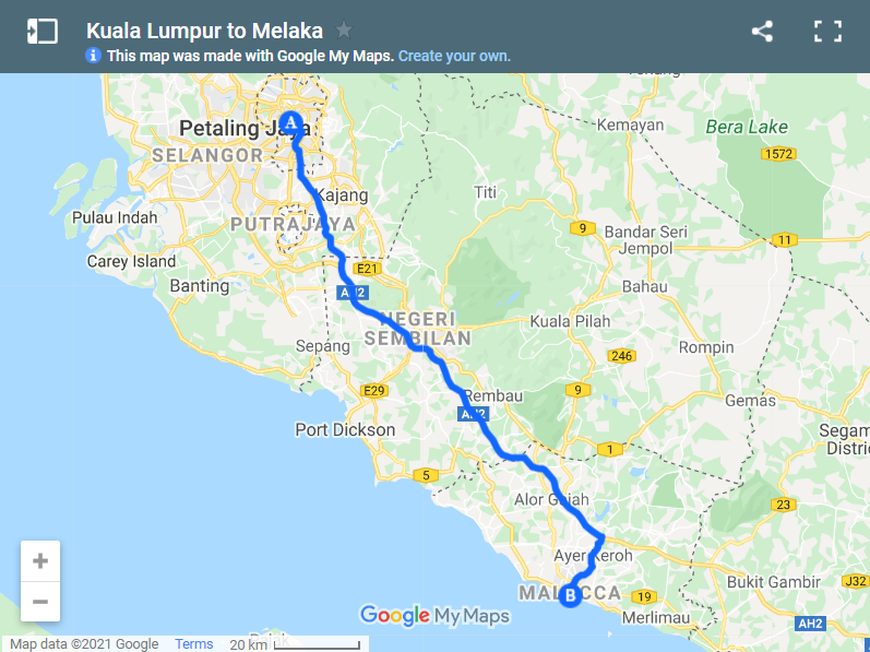 Kuala Lumpur to Melaka map