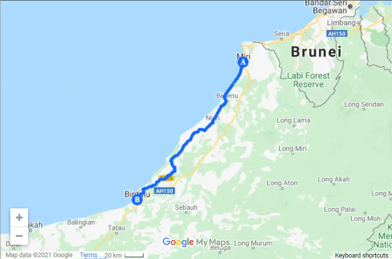 Miri to Bintulu map