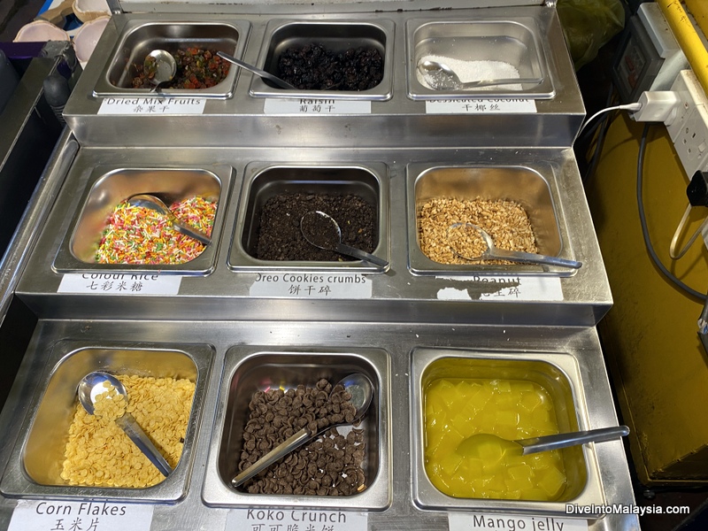 Coconut ice cream topping options at Jalan Alor Food Street