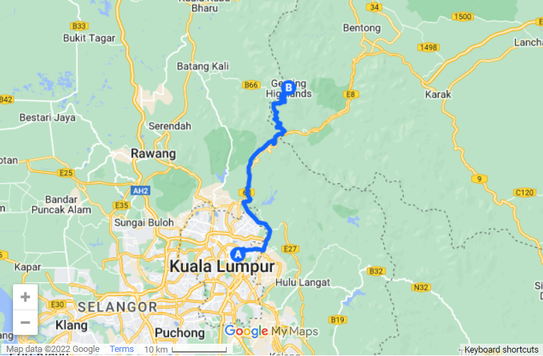 KL to Genting Highlands map