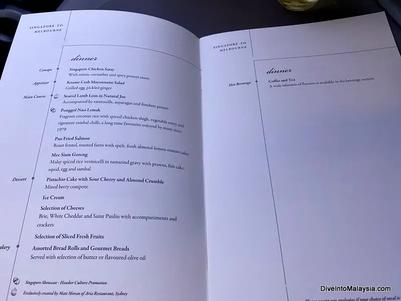 Dinner menu in Singapore Airlines business class