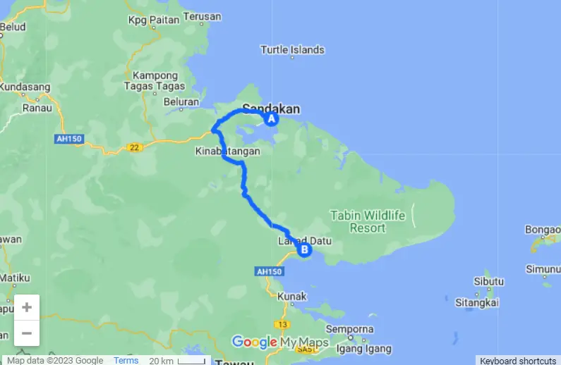 Sandakan to Lahad Datu map