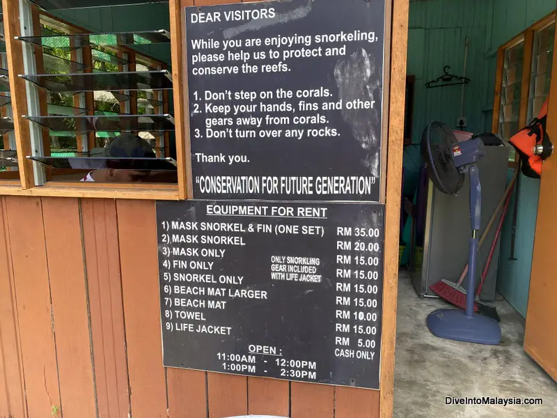 Selingan Turtle Island Prices to hire snorkelling and beach gear