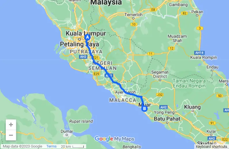 KL To Muar map