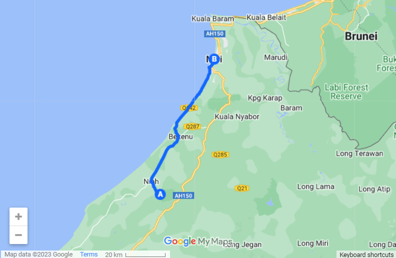 Batu Niah to Miri map