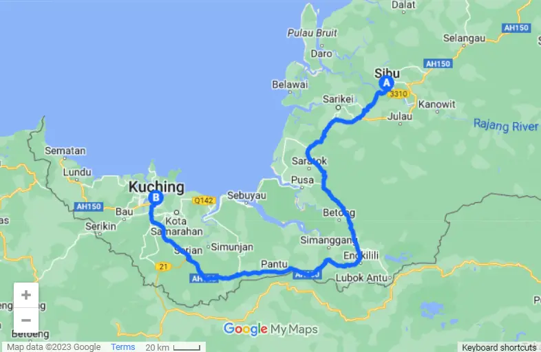 Sibu to Kuching map