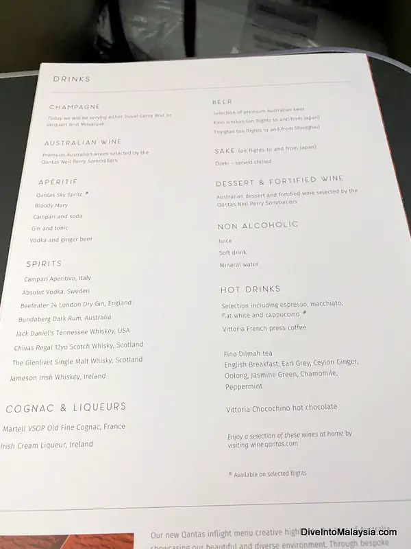 Qantas business class Drinks menu